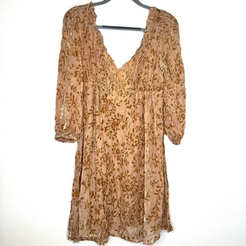 Sacks Silk Velvet Burnout‎ Sheer Burnout V Neck Mini Dress Tan Gold Floral